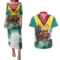 Guyana Flag Couples Matching Puletasi and Hawaiian Shirt Christmas Santa Jaguar and National Motto Green Yellow - Wonder Print Shop