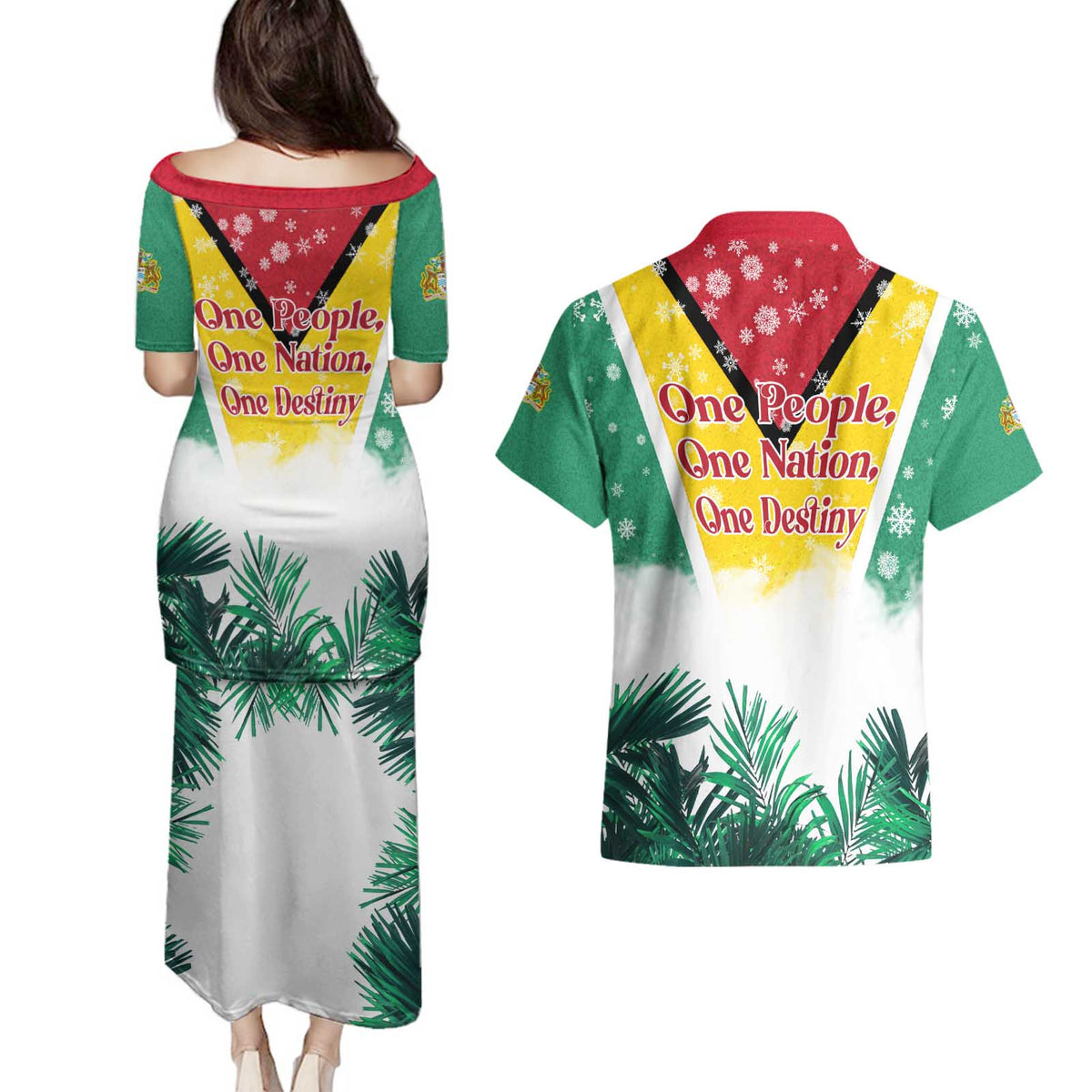 Guyana Flag Couples Matching Puletasi and Hawaiian Shirt Christmas Santa Jaguar and National Motto Green Yellow - Wonder Print Shop