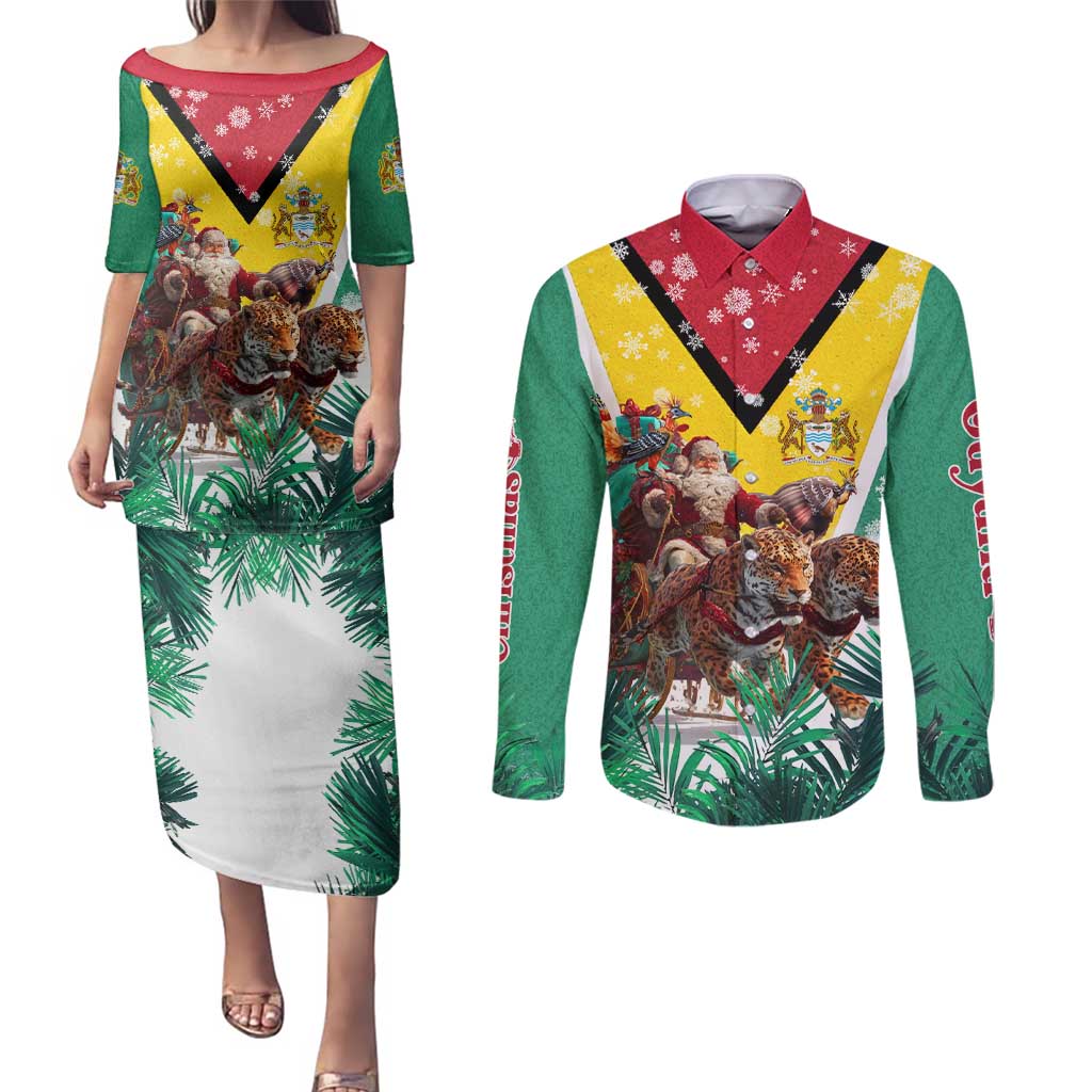 Guyana Flag Couples Matching Puletasi and Long Sleeve Button Shirt Christmas Santa Jaguar and National Motto Green Yellow - Wonder Print Shop