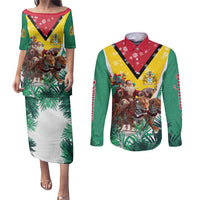 Guyana Flag Couples Matching Puletasi and Long Sleeve Button Shirt Christmas Santa Jaguar and National Motto Green Yellow - Wonder Print Shop