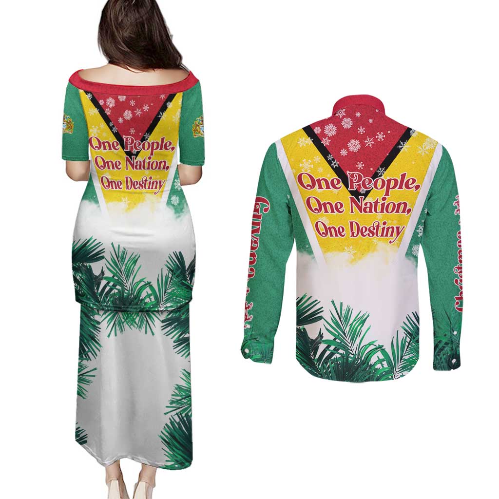 Guyana Flag Couples Matching Puletasi and Long Sleeve Button Shirt Christmas Santa Jaguar and National Motto Green Yellow - Wonder Print Shop
