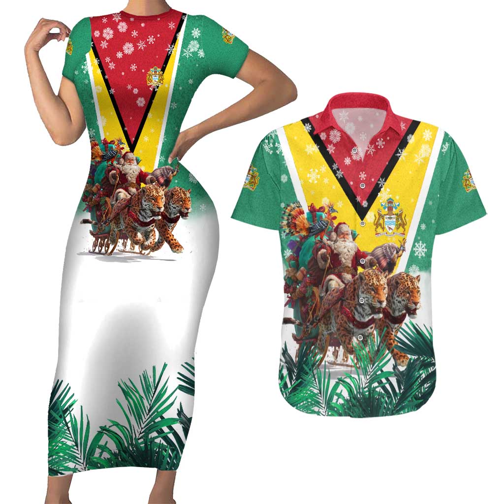 Guyana Flag Couples Matching Short Sleeve Bodycon Dress and Hawaiian Shirt Christmas Santa Jaguar and National Motto Green Yellow - Wonder Print Shop
