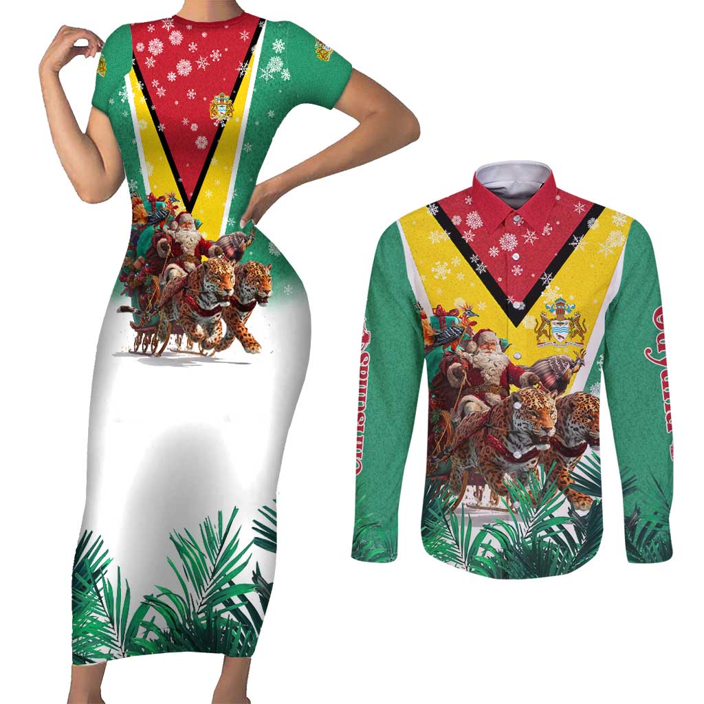 Guyana Flag Couples Matching Short Sleeve Bodycon Dress and Long Sleeve Button Shirt Christmas Santa Jaguar and National Motto Green Yellow - Wonder Print Shop