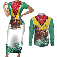 Guyana Flag Couples Matching Short Sleeve Bodycon Dress and Long Sleeve Button Shirt Christmas Santa Jaguar and National Motto Green Yellow - Wonder Print Shop