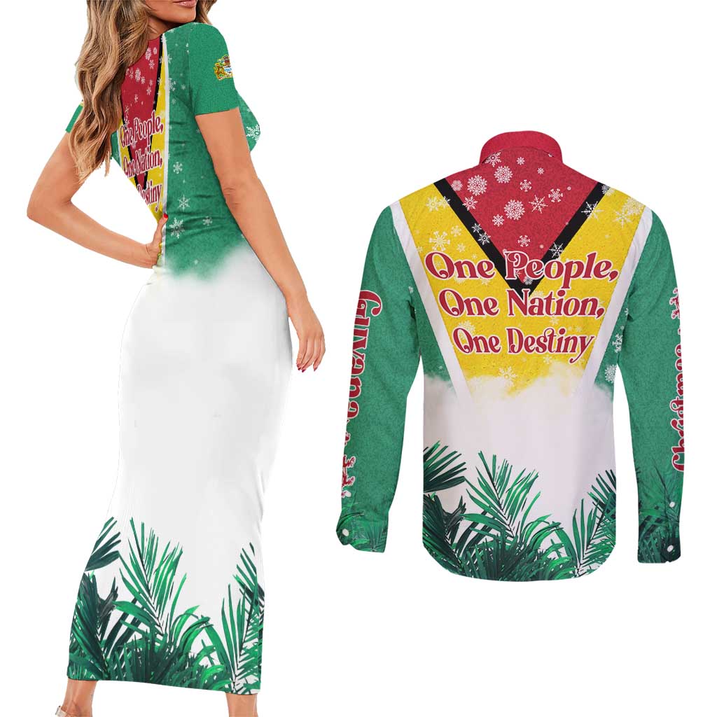 Guyana Flag Couples Matching Short Sleeve Bodycon Dress and Long Sleeve Button Shirt Christmas Santa Jaguar and National Motto Green Yellow - Wonder Print Shop