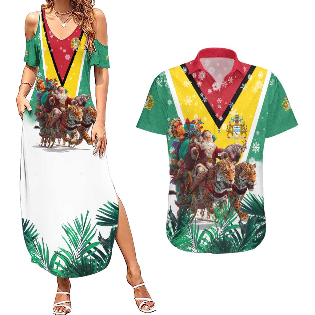 Guyana Flag Couples Matching Summer Maxi Dress and Hawaiian Shirt Christmas Santa Jaguar and National Motto Green Yellow - Wonder Print Shop