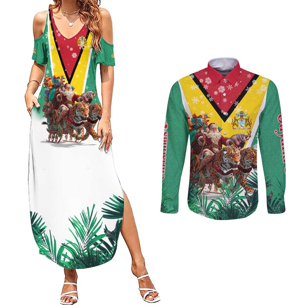 Guyana Flag Couples Matching Summer Maxi Dress and Long Sleeve Button Shirt Christmas Santa Jaguar and National Motto Green Yellow - Wonder Print Shop