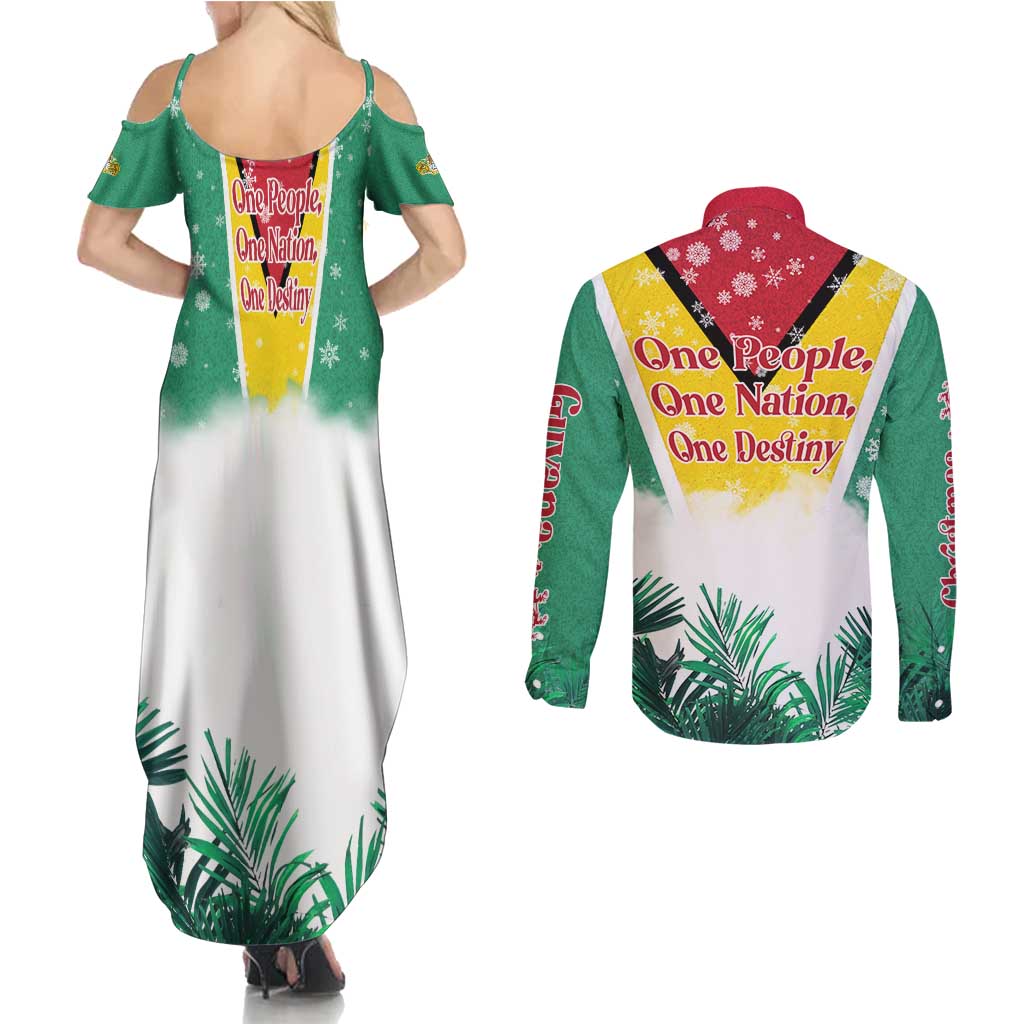 Guyana Flag Couples Matching Summer Maxi Dress and Long Sleeve Button Shirt Christmas Santa Jaguar and National Motto Green Yellow - Wonder Print Shop