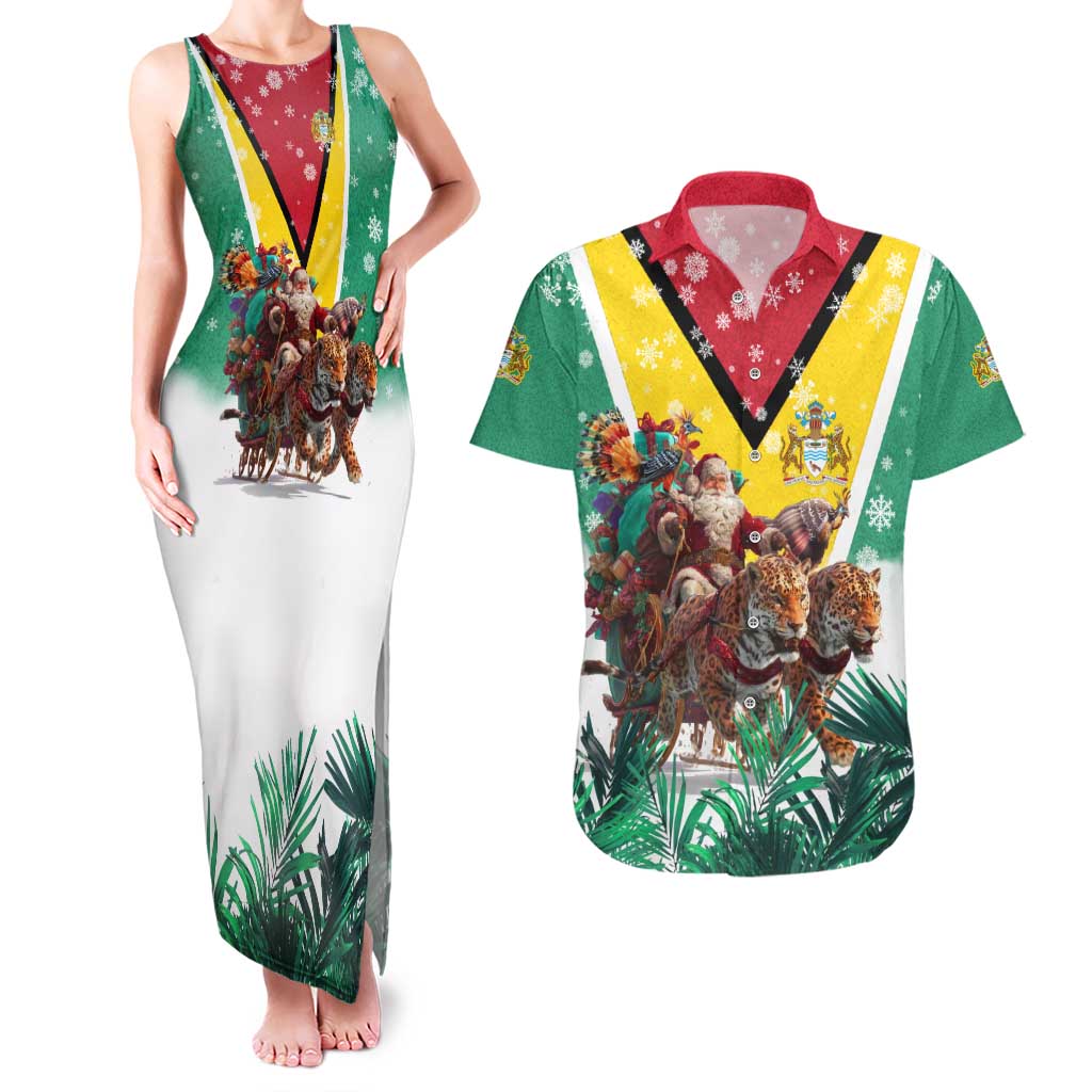 Guyana Flag Couples Matching Tank Maxi Dress and Hawaiian Shirt Christmas Santa Jaguar and National Motto Green Yellow - Wonder Print Shop