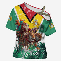 Guyana Flag Cross Shoulder Shirt Christmas Santa Jaguar and National Motto Green Yellow - Wonder Print Shop