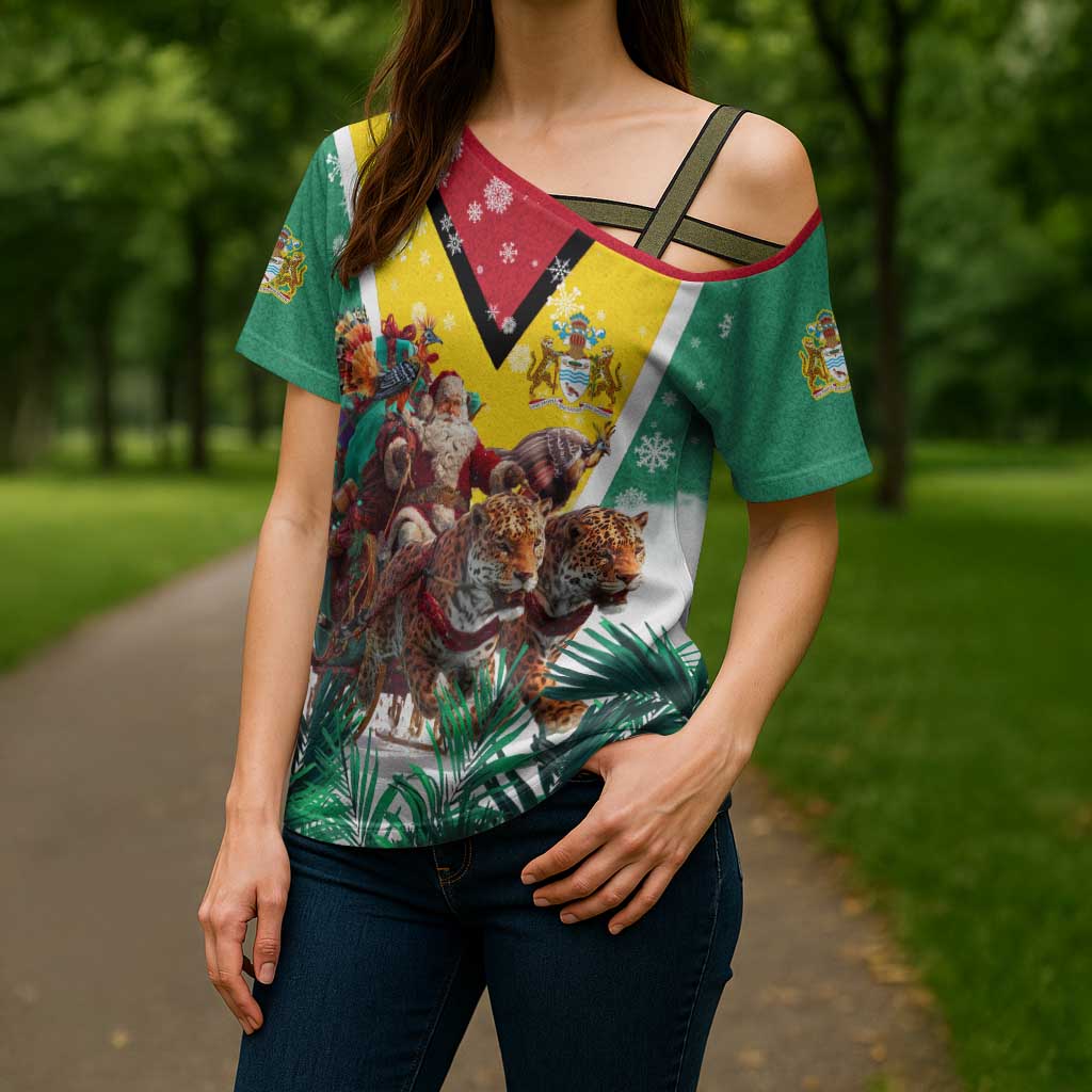 Guyana Flag Cross Shoulder Shirt Christmas Santa Jaguar and National Motto Green Yellow - Wonder Print Shop