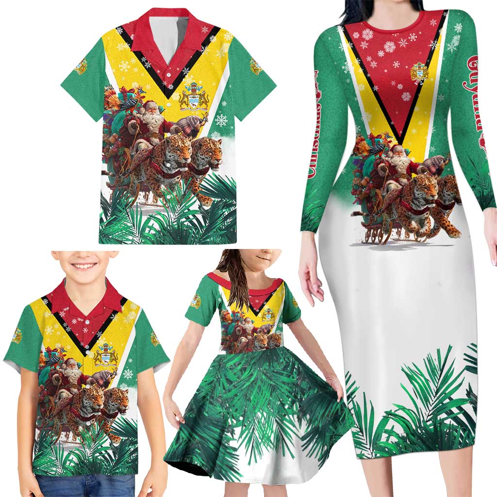 Guyana Flag Family Matching Long Sleeve Bodycon Dress and Hawaiian Shirt Christmas Santa Jaguar and National Motto Green Yellow - Wonder Print Shop