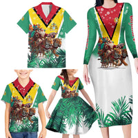 Guyana Flag Family Matching Long Sleeve Bodycon Dress and Hawaiian Shirt Christmas Santa Jaguar and National Motto Green Yellow - Wonder Print Shop