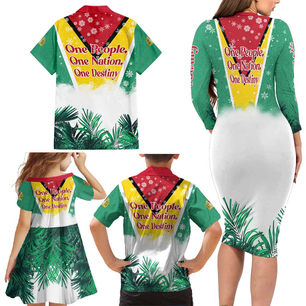 Guyana Flag Family Matching Long Sleeve Bodycon Dress and Hawaiian Shirt Christmas Santa Jaguar and National Motto Green Yellow - Wonder Print Shop