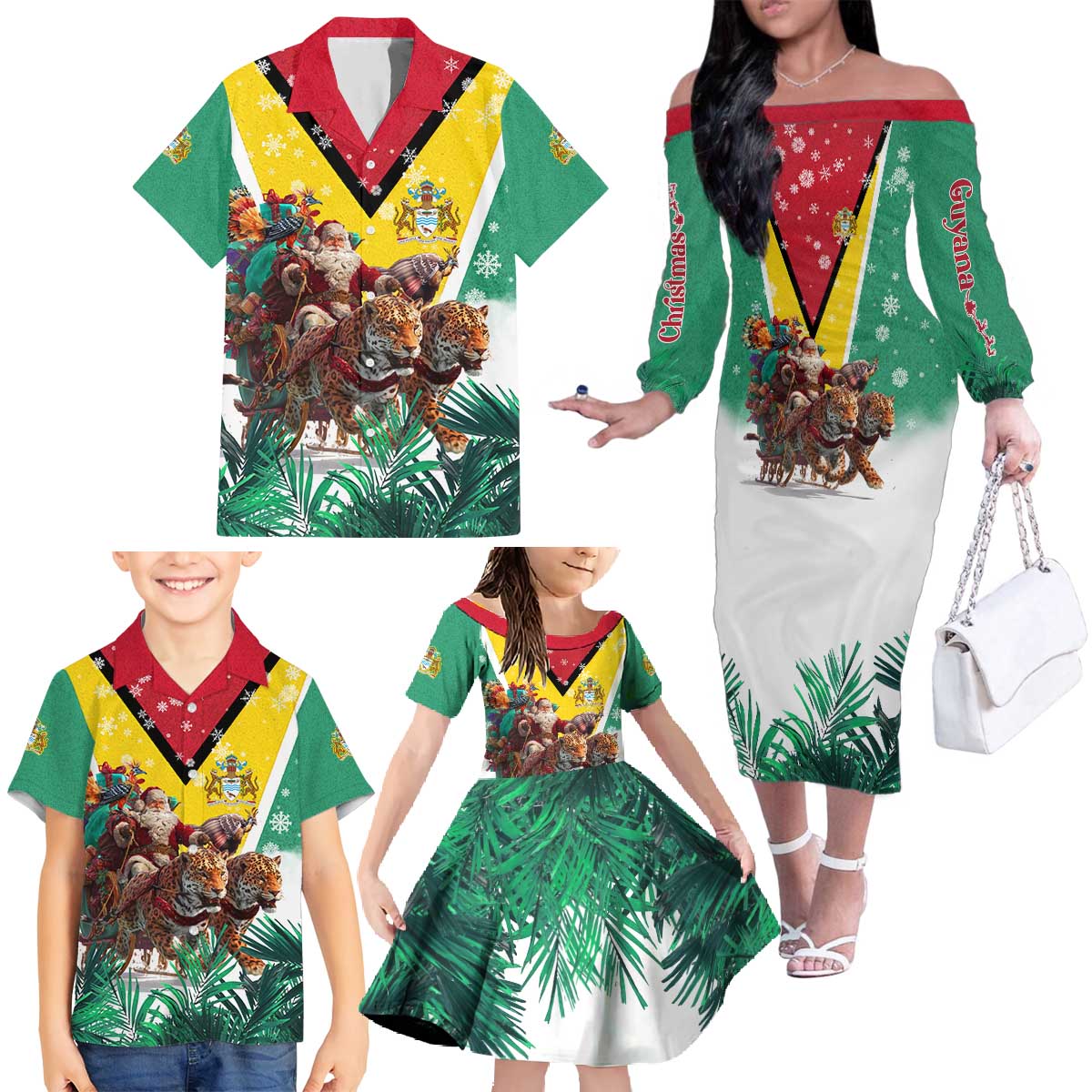 Guyana Flag Family Matching Off The Shoulder Long Sleeve Dress and Hawaiian Shirt Christmas Santa Jaguar and National Motto Green Yellow - Wonder Print Shop