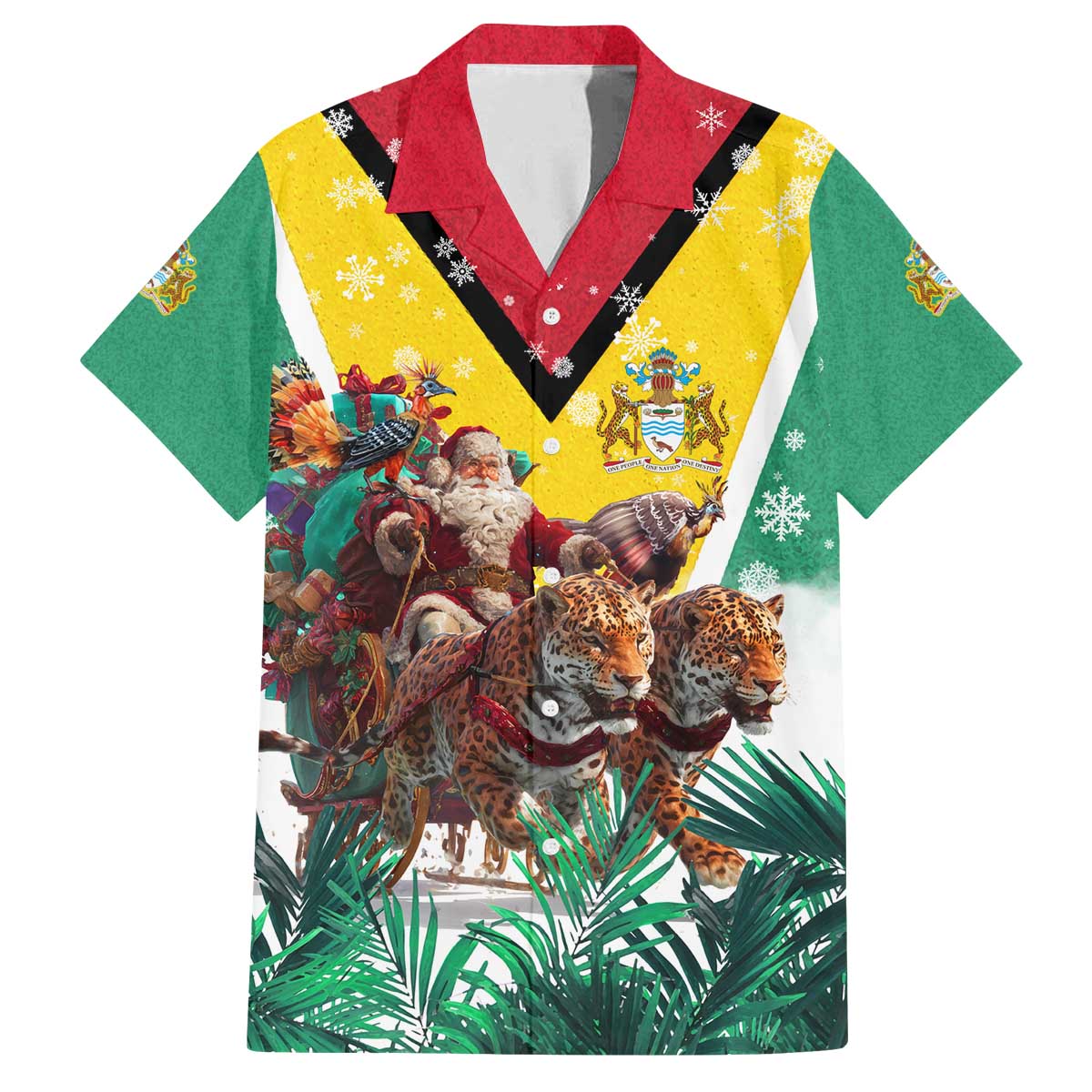 Guyana Flag Family Matching Off The Shoulder Long Sleeve Dress and Hawaiian Shirt Christmas Santa Jaguar and National Motto Green Yellow - Wonder Print Shop