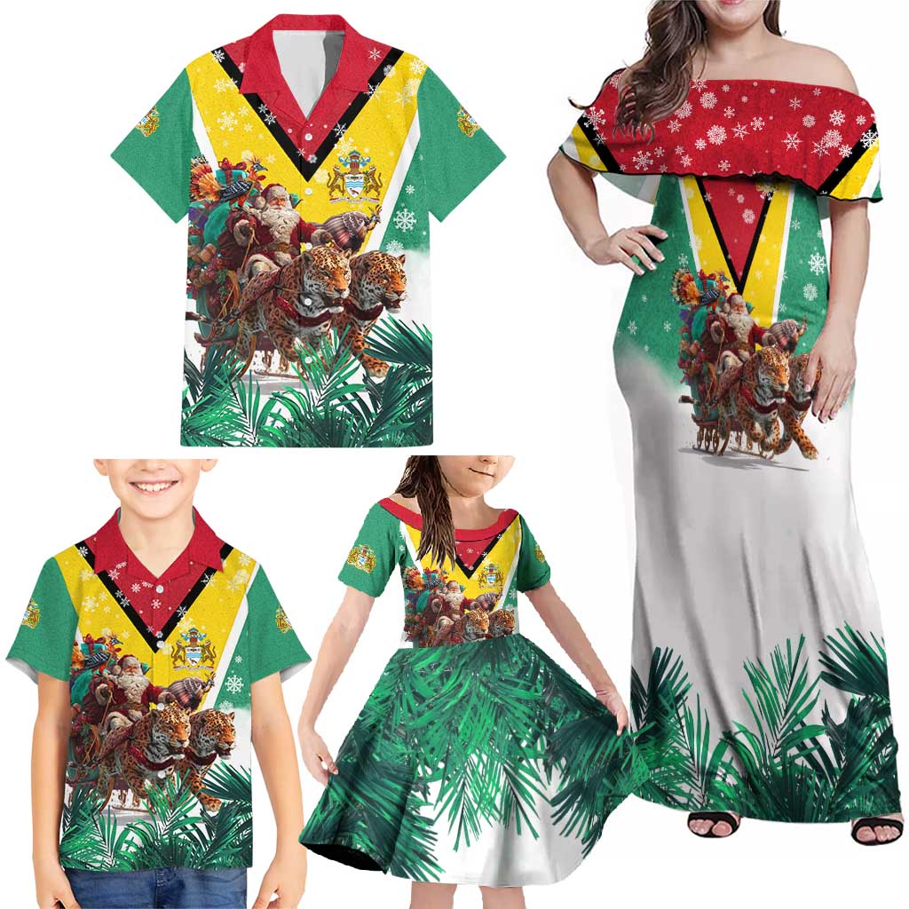 Guyana Flag Family Matching Off Shoulder Maxi Dress and Hawaiian Shirt Christmas Santa Jaguar and National Motto Green Yellow - Wonder Print Shop