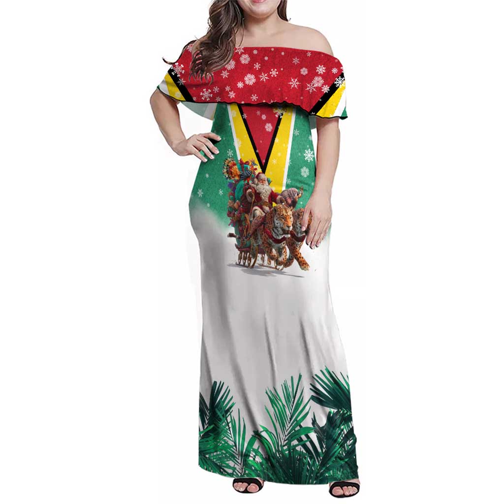 Guyana Flag Family Matching Off Shoulder Maxi Dress and Hawaiian Shirt Christmas Santa Jaguar and National Motto Green Yellow - Wonder Print Shop