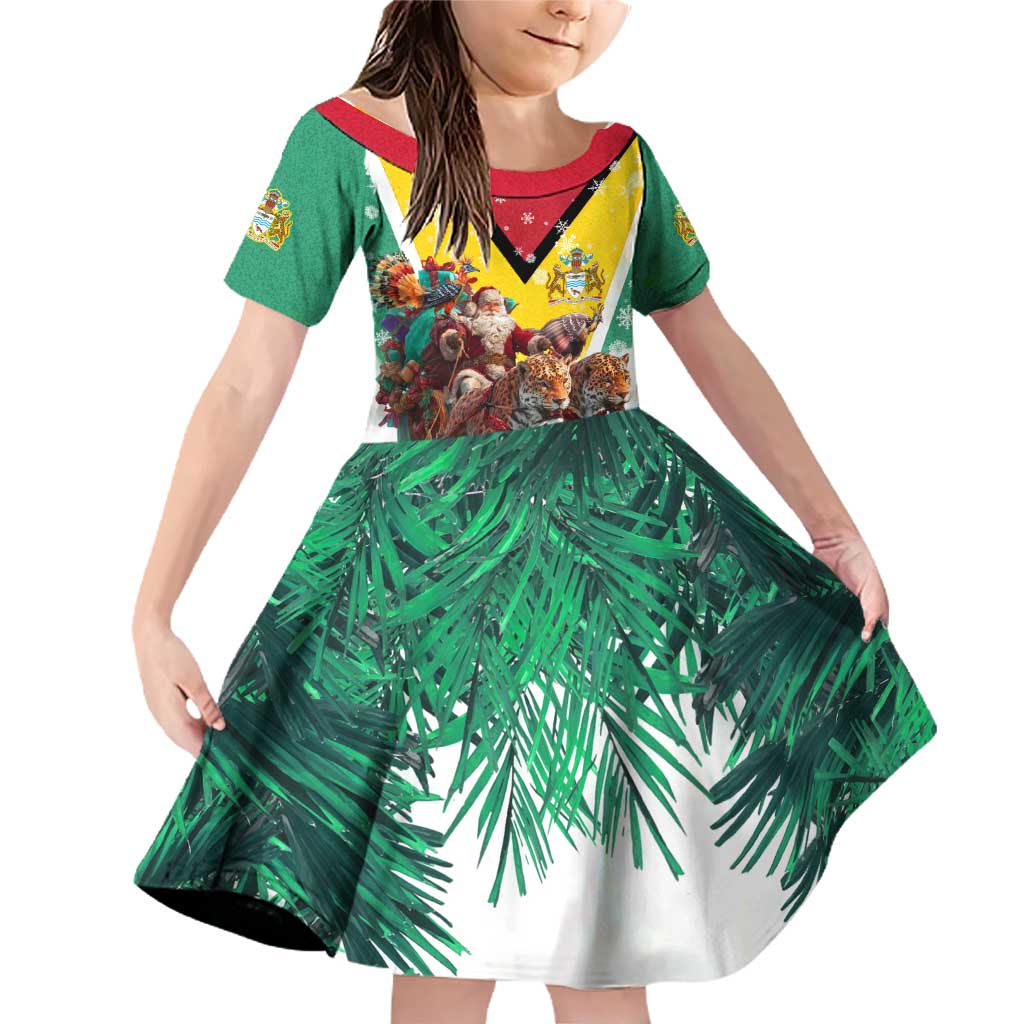 Guyana Flag Family Matching Off Shoulder Short Dress and Hawaiian Shirt Christmas Santa Jaguar and National Motto Green Yellow - Wonder Print Shop