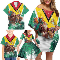 Guyana Flag Family Matching Off Shoulder Short Dress and Hawaiian Shirt Christmas Santa Jaguar and National Motto Green Yellow - Wonder Print Shop