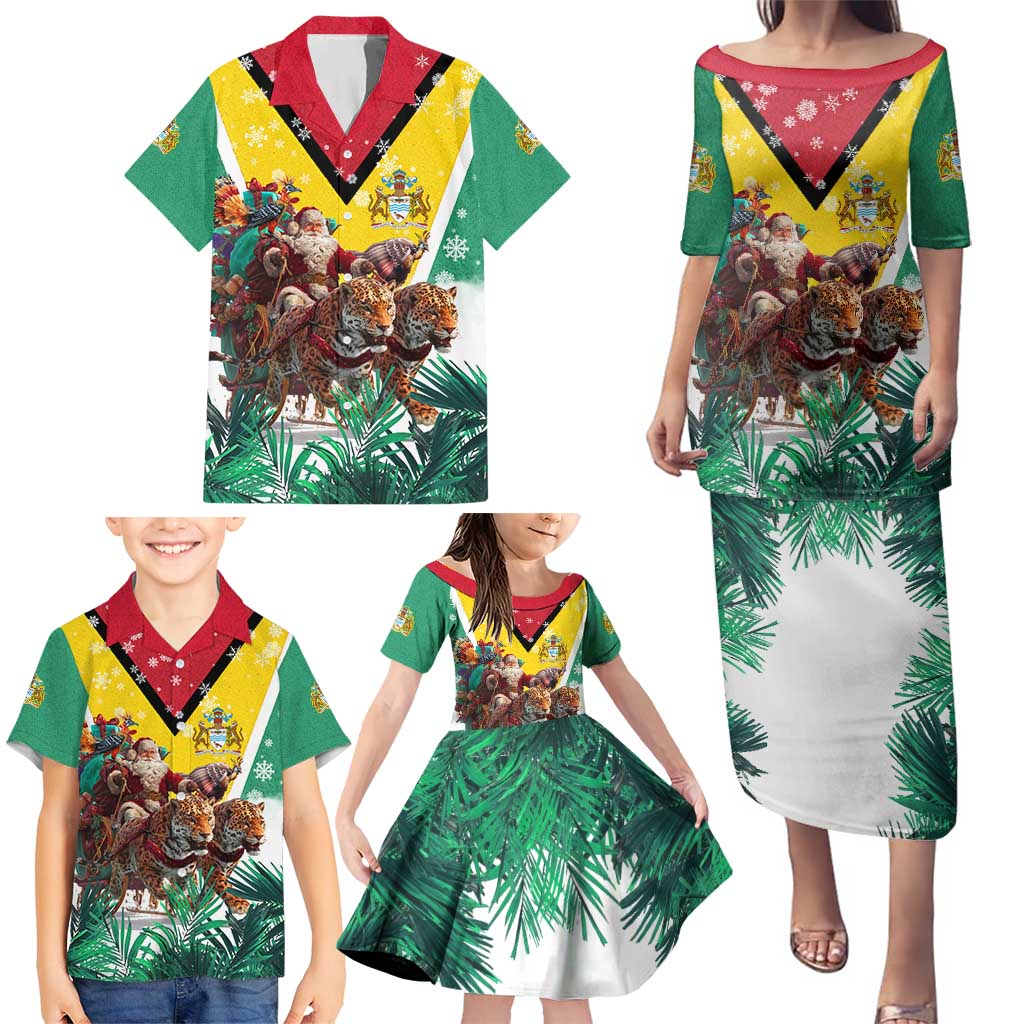 Guyana Flag Family Matching Puletasi and Hawaiian Shirt Christmas Santa Jaguar and National Motto Green Yellow - Wonder Print Shop