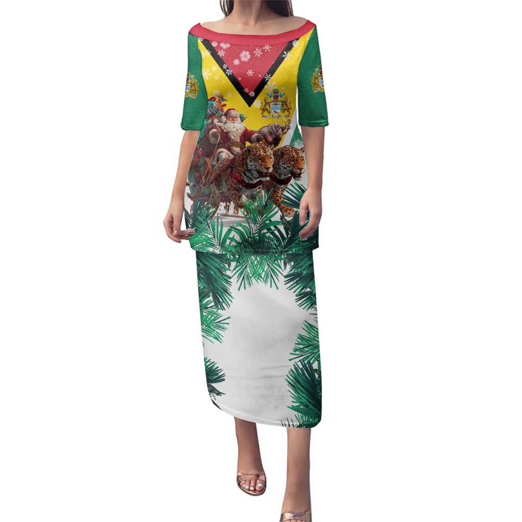Guyana Flag Family Matching Puletasi and Hawaiian Shirt Christmas Santa Jaguar and National Motto Green Yellow - Wonder Print Shop
