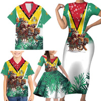 Guyana Flag Family Matching Short Sleeve Bodycon Dress and Hawaiian Shirt Christmas Santa Jaguar and National Motto Green Yellow - Wonder Print Shop