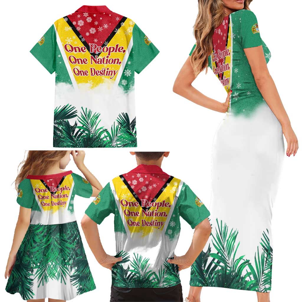 Guyana Flag Family Matching Short Sleeve Bodycon Dress and Hawaiian Shirt Christmas Santa Jaguar and National Motto Green Yellow - Wonder Print Shop