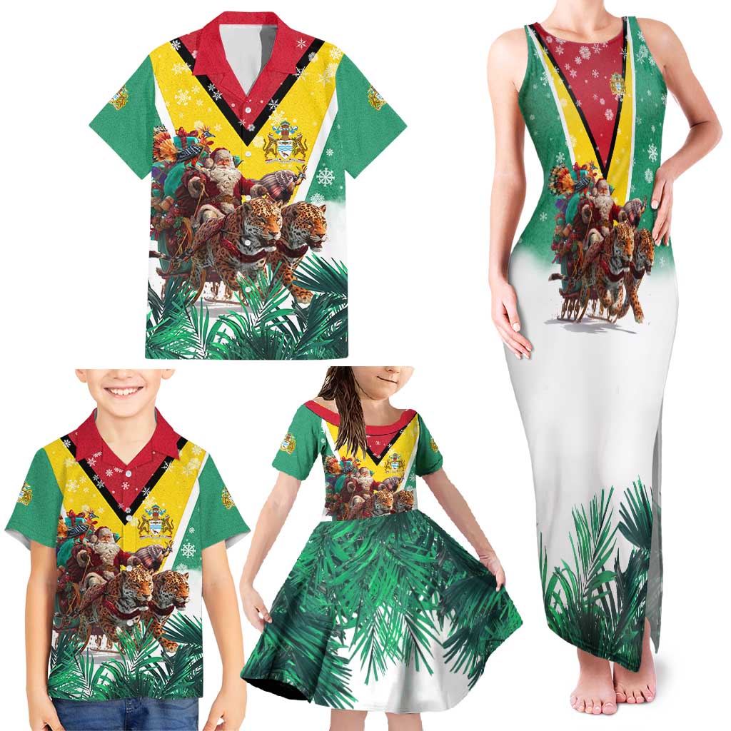 Guyana Flag Family Matching Tank Maxi Dress and Hawaiian Shirt Christmas Santa Jaguar and National Motto Green Yellow - Wonder Print Shop