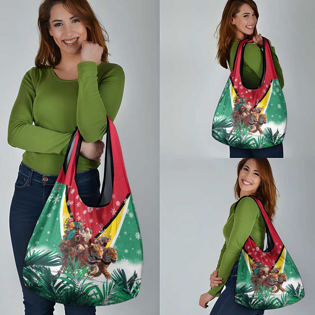 Guyana Flag Grocery Bag Christmas Santa Jaguar and National Motto Green Yellow - Wonder Print Shop