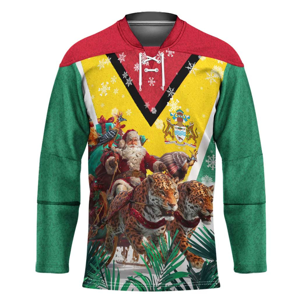 Guyana Flag Hockey Jersey Christmas Santa Jaguar and National Motto Green Yellow - Wonder Print Shop