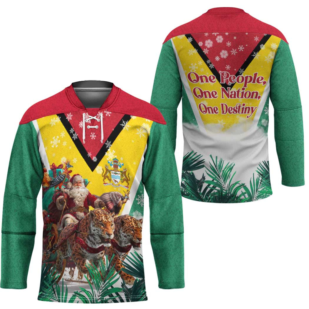 Guyana Flag Hockey Jersey Christmas Santa Jaguar and National Motto Green Yellow - Wonder Print Shop