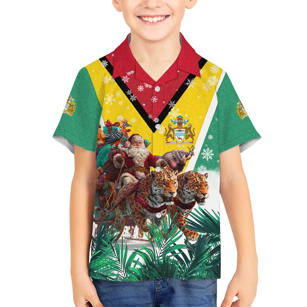 Guyana Flag Kid Hawaiian Shirt Christmas Santa Jaguar and National Motto Green Yellow - Wonder Print Shop