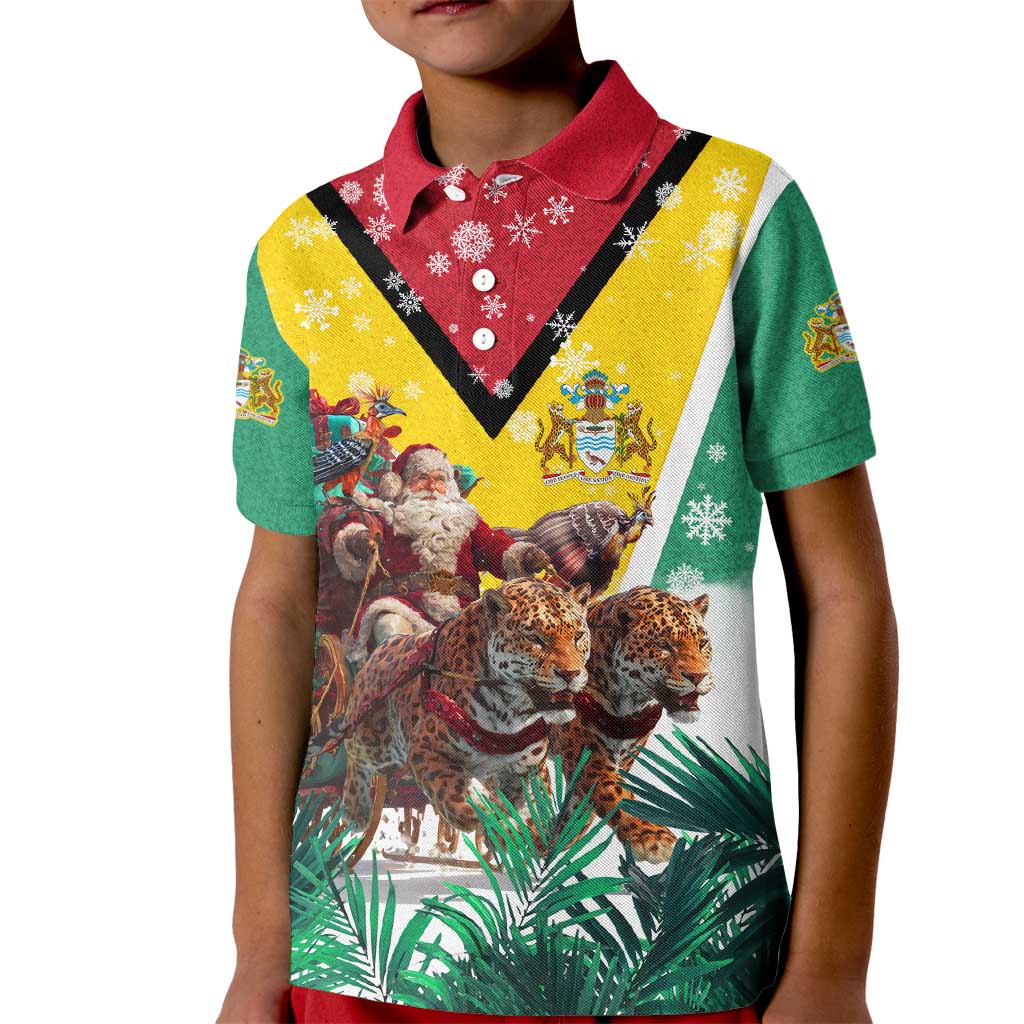 Guyana Flag Kid Polo Shirt Christmas Santa Jaguar and National Motto Green Yellow - Wonder Print Shop