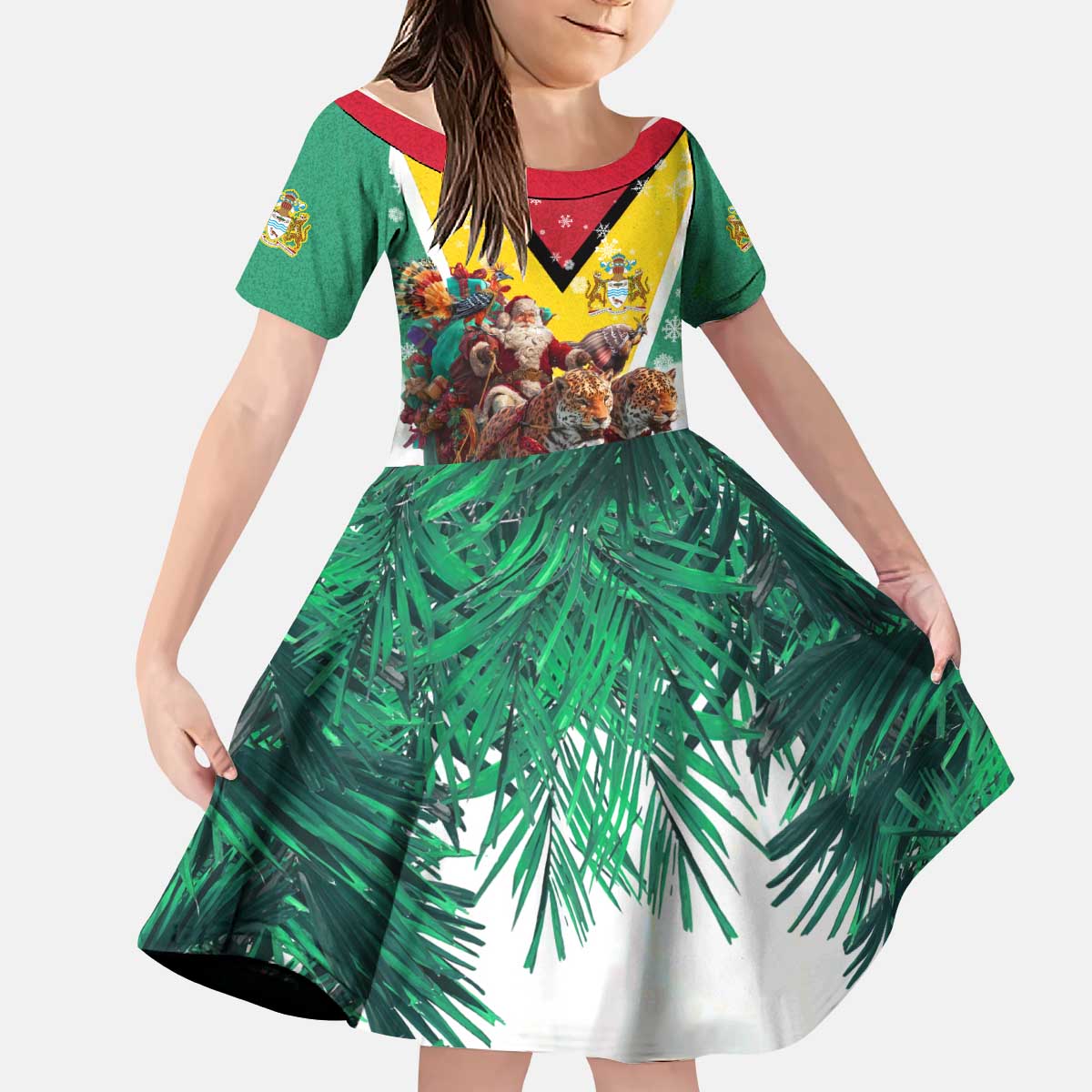 Guyana Flag Kid Short Sleeve Dress Christmas Santa Jaguar and National Motto Green Yellow - Wonder Print Shop