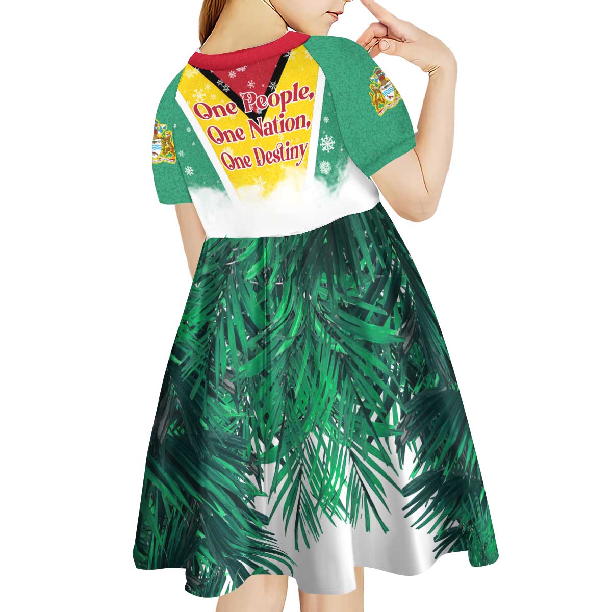 Guyana Flag Kid Short Sleeve Dress Christmas Santa Jaguar and National Motto Green Yellow - Wonder Print Shop