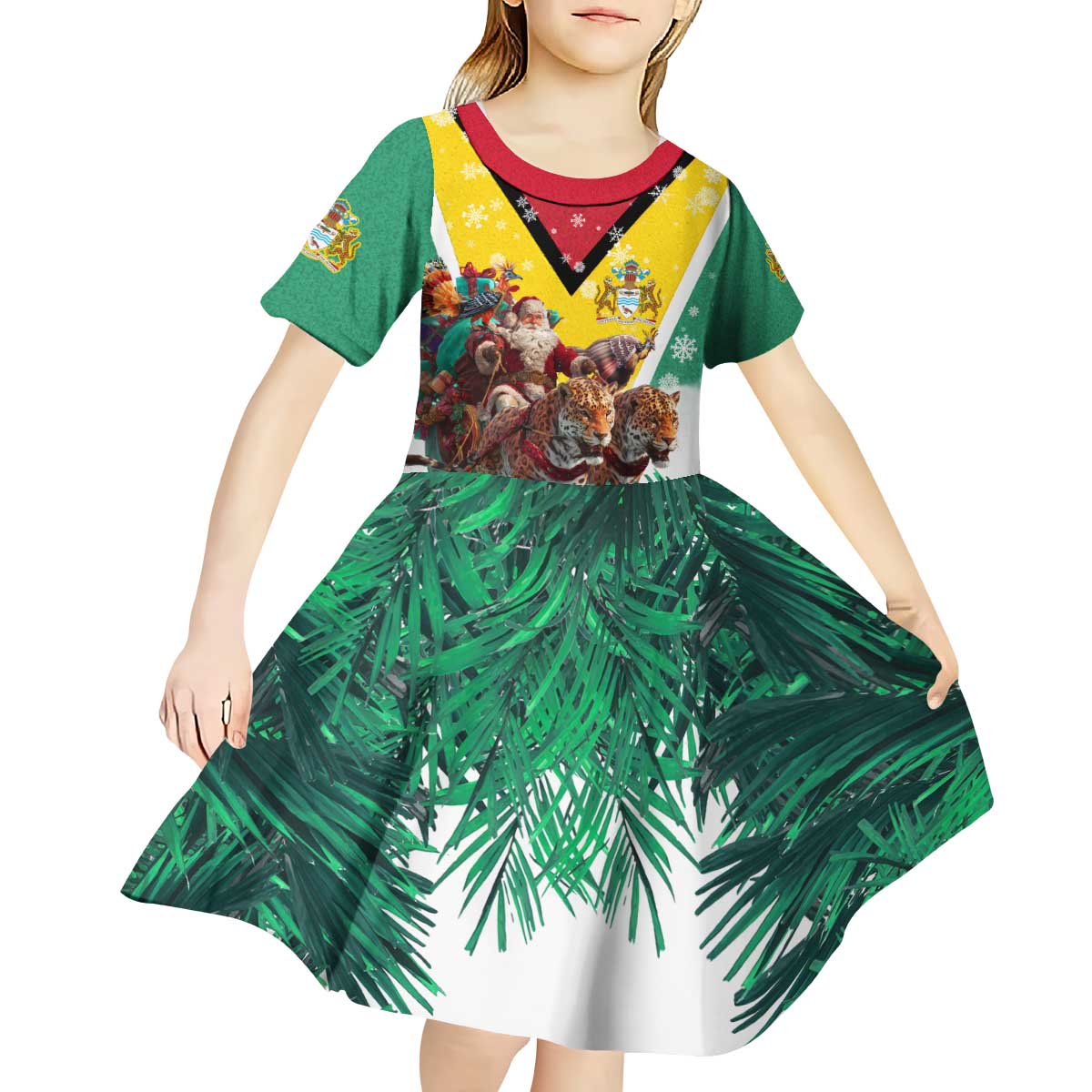 Guyana Flag Kid Short Sleeve Dress Christmas Santa Jaguar and National Motto Green Yellow - Wonder Print Shop