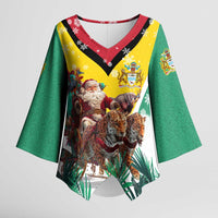 Guyana Flag Kimono Sleeve Blouse Christmas Santa Jaguar and National Motto Green Yellow - Wonder Print Shop