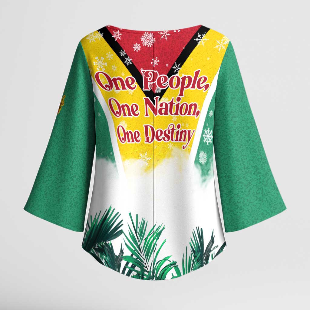 Guyana Flag Kimono Sleeve Blouse Christmas Santa Jaguar and National Motto Green Yellow - Wonder Print Shop