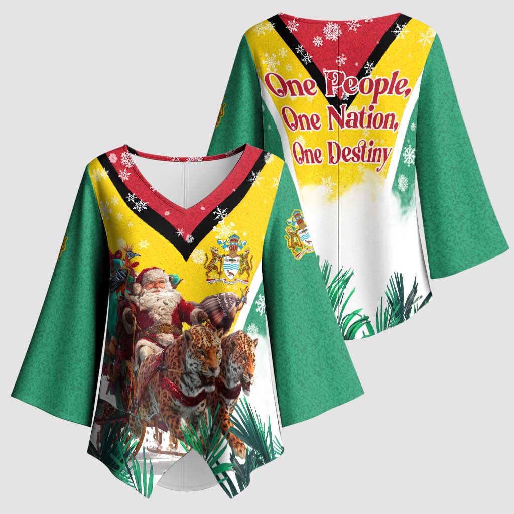 Guyana Flag Kimono Sleeve Blouse Christmas Santa Jaguar and National Motto Green Yellow - Wonder Print Shop
