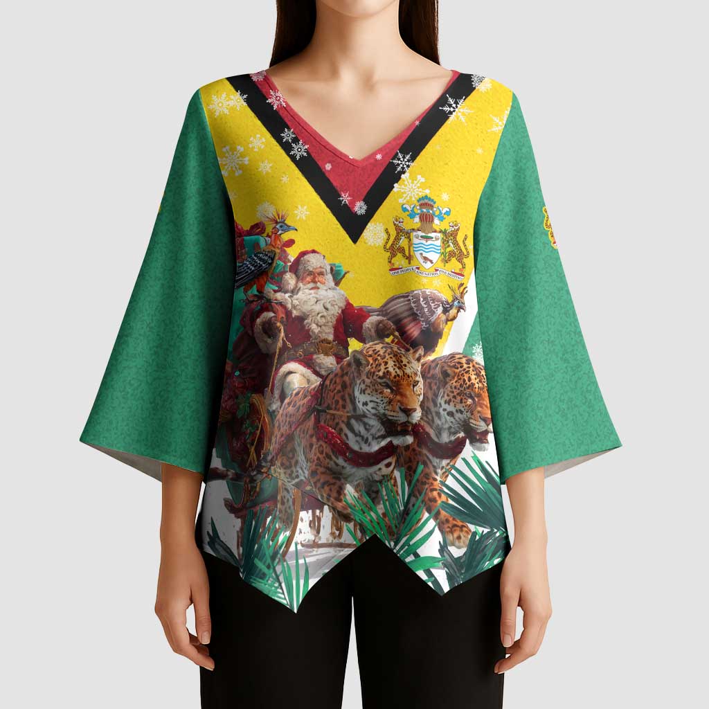 Guyana Flag Kimono Sleeve Blouse Christmas Santa Jaguar and National Motto Green Yellow - Wonder Print Shop