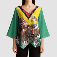 Guyana Flag Kimono Sleeve Blouse Christmas Santa Jaguar and National Motto Green Yellow - Wonder Print Shop