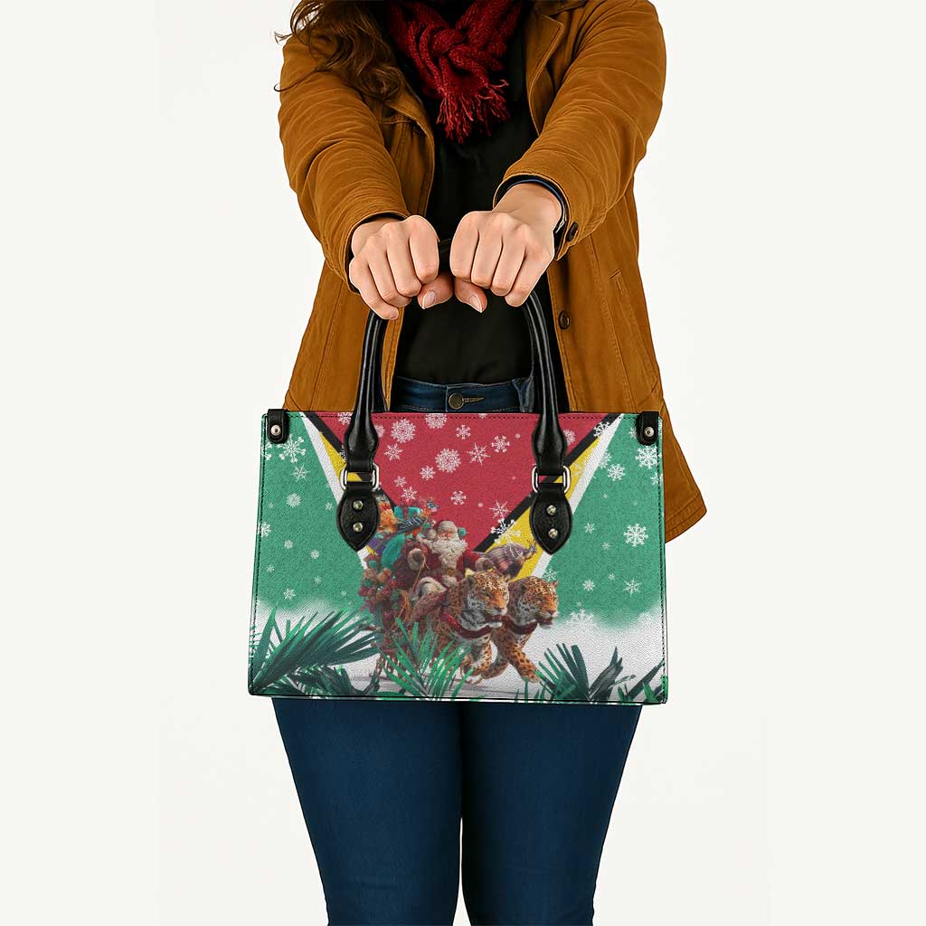 Guyana Flag Leather Bag Christmas Santa Jaguar and National Motto Green Yellow - Wonder Print Shop