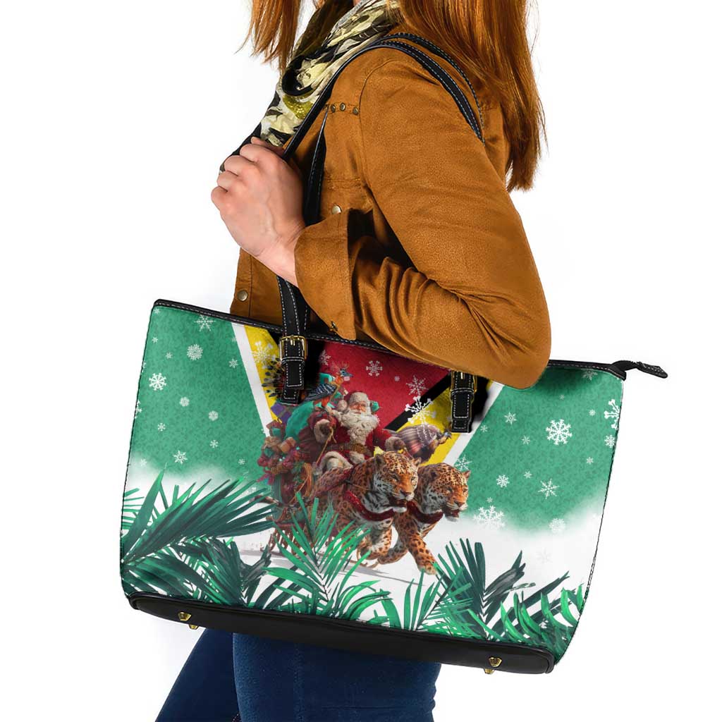 Guyana Flag Leather Tote Bag Christmas Santa Jaguar and National Motto Green Yellow - Wonder Print Shop