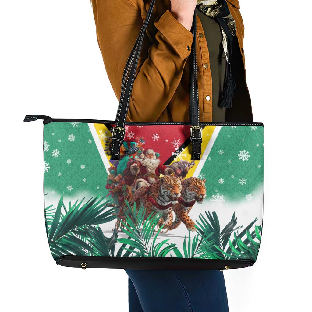Guyana Flag Leather Tote Bag Christmas Santa Jaguar and National Motto Green Yellow - Wonder Print Shop