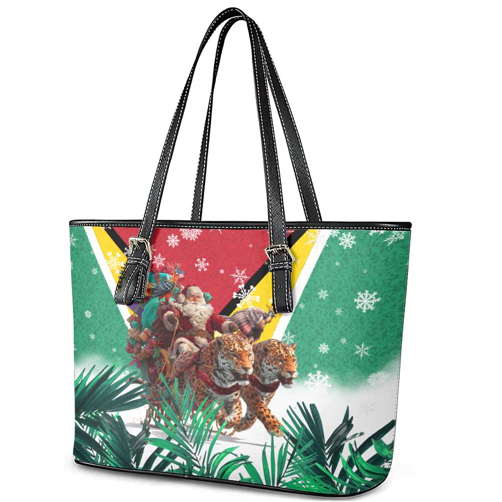 Guyana Flag Leather Tote Bag Christmas Santa Jaguar and National Motto Green Yellow - Wonder Print Shop