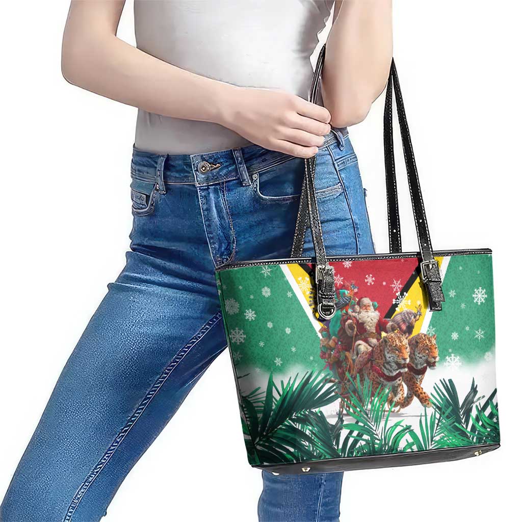 Guyana Flag Leather Tote Bag Christmas Santa Jaguar and National Motto Green Yellow - Wonder Print Shop