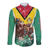Guyana Flag Long Sleeve Button Shirt Christmas Santa Jaguar and National Motto Green Yellow - Wonder Print Shop