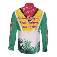 Guyana Flag Long Sleeve Button Shirt Christmas Santa Jaguar and National Motto Green Yellow - Wonder Print Shop
