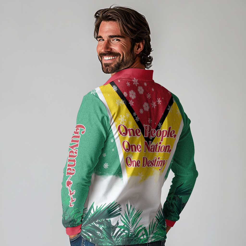 Guyana Flag Long Sleeve Polo Shirt Christmas Santa Jaguar and National Motto Green Yellow - Wonder Print Shop